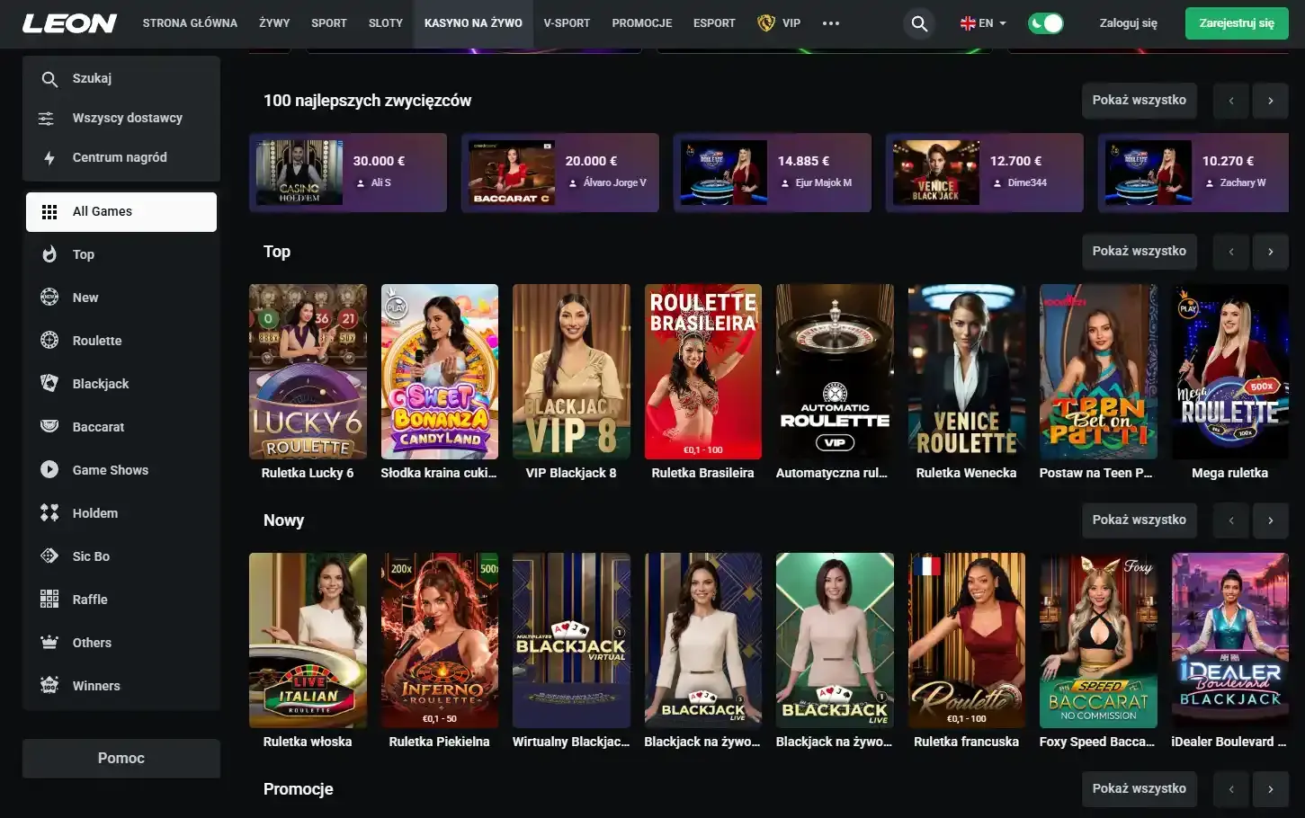 Aktualny ekran sekcji Live Casino Leon z widocznymi stołami na żywo