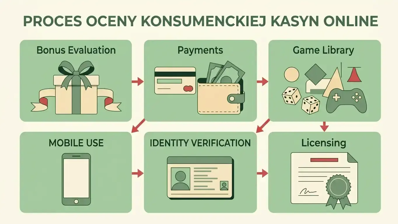 Neutralna mapa decyzji dotycząca bonusu, płatności, gier, telefonu, KYC i licencji