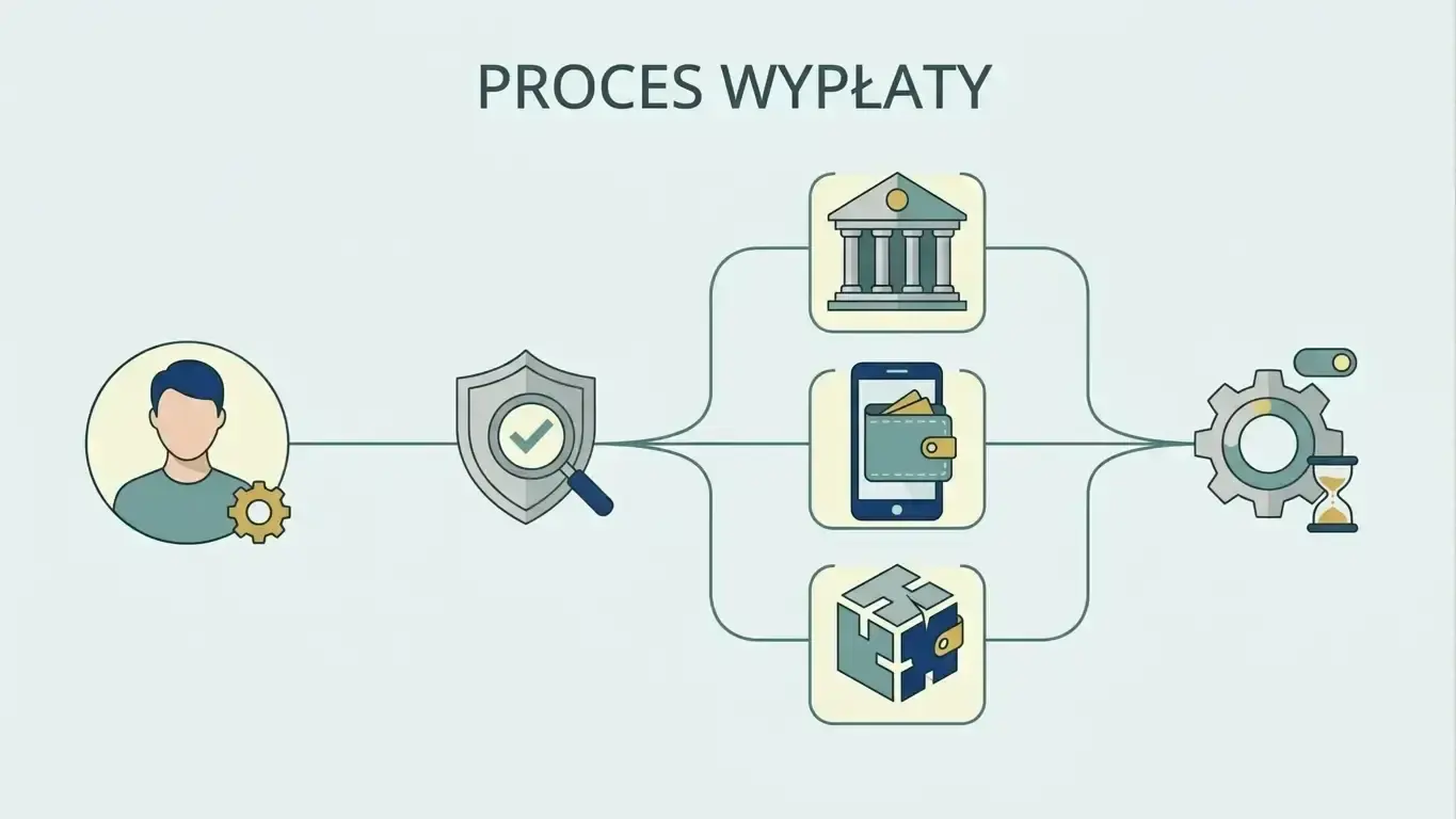 Schemat procesu wypłaty od konta Leon przez sprawdzenie danych i wybór metody do statusu transakcji